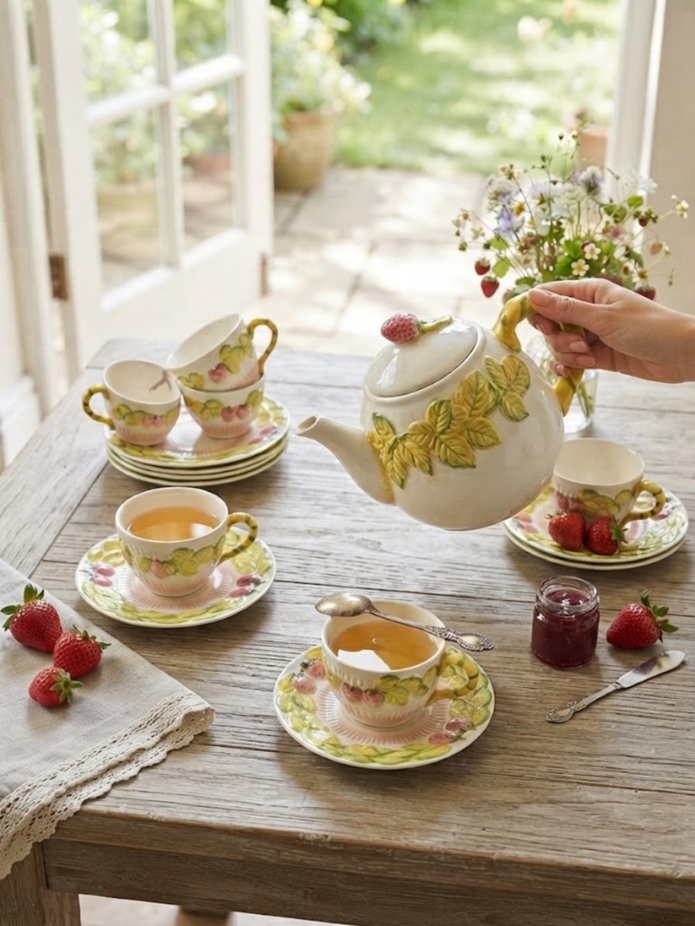 Vintage Strawberry Ceramic Tea Kettle cups and saucers Set COTTAGECORE